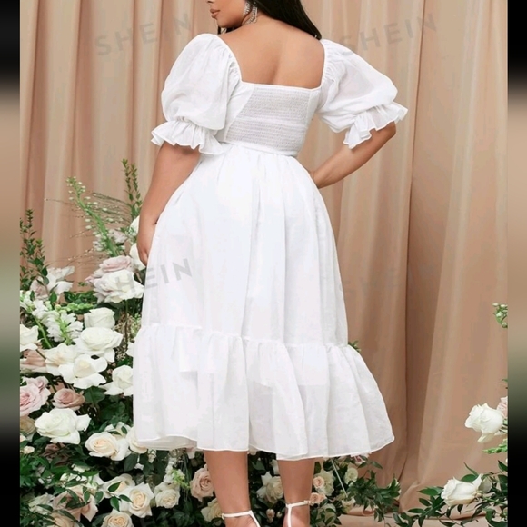 NEW White Square Neck Milkmaid Puff Sleve Midi Dress - Picture 3 of 10